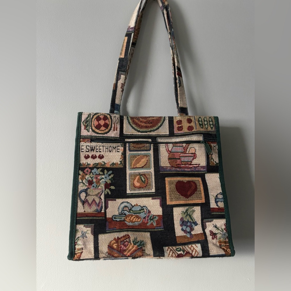 Rare Vintage Cottagecore Tapestry Tote Bag-Home Sweet Home Floral & Fruit 🍎